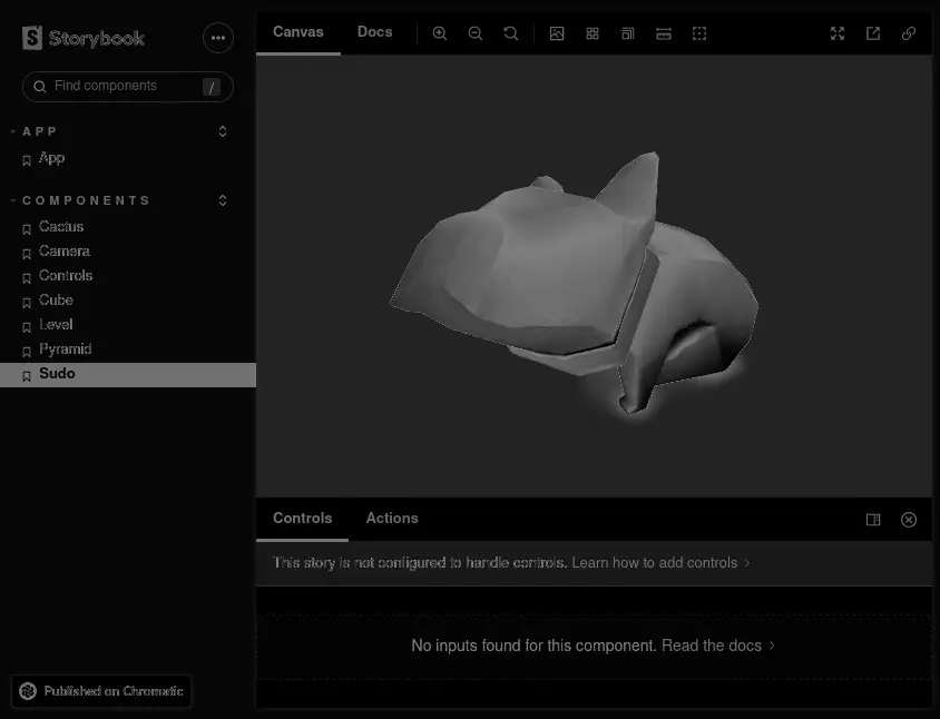 
							A storybook for a react three fiber project
							showing a low-poly model of a dog.
							